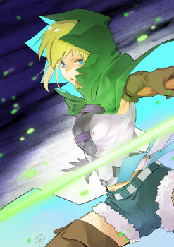 1girl absurdres armpits belt blonde_hair blue_eyes blue_shorts boots breasts breasts_apart brown_boots cape denim denim_shorts dungeon_ni_deai_wo_motomeru_no_wa_machigatteiru_darou_ka green_cape grey_shirt highres holding holding_weapon hood hood_up hooded looking_at_viewer midriff momoyama_hinase navel outstretched_arm parted_lips ryu_lion shirt short_hair short_shorts shorts small_breasts solo stomach thigh_boots thighhighs weapon white_belt