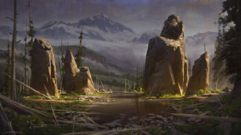 Rule 34 | bare tree, boulder, cloud, cloudy sky, commentary, english commentary, grass, highres, hill, lake, landscape, light rays, log, lorenzo lanfranconi, mountain, mountainous horizon, no humans, original, outdoors, painterly, scenery, signature, sky, stick, tree, valley, water