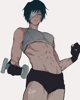 1girl abs bandaged_head bandages bandages_over_eyes black_gloves burn_scar exercising facial_scar fingerless_gloves glasses gloves green_hair highres jujutsu_kaisen looking_at_viewer muscular muscular_female one_eye_covered pale_skin riyalise scar scar_across_eye scar_on_arm scar_on_cheek scar_on_face scar_on_forehead short_hair short_shorts shorts spoilers sports_bra stomach thighs toned weights white_background yellow_eyes zen'in_maki