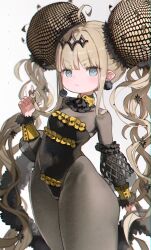 Rule 34 | 1girl, ahoge, big hair, black leotard, blonde hair, blue eyes, blunt bangs, blush, bodystocking, breasts, bun cover, detached sleeves, diadem, double bun, earrings, hair bun, highleg, highleg leotard, highres, jewelry, kkaebing, legs, leotard, long hair, looking at viewer, original, pointy ears, pom pom (clothes), pom pom earrings, simple background, small breasts, solo, strapless, strapless leotard, twintails, twirling hair, very long hair, white background