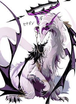 absurdres armlet bat_wings black_claws black_halo black_wings blue_archive bracelet chain claws commentary_request demon_horns demon_wings dragon dragon_tail full_body glowing glowing_eyes halo head_down highres hina_(blue_archive) horns invisible_floor jewelry kurokuro_rakuga long_neck looking_to_the_side monsterification multiple_horns no_mouth on_floor oversized_wings paw_up purple_eyes simple_background sketch solo tail very_long_tail white_background white_fur wings