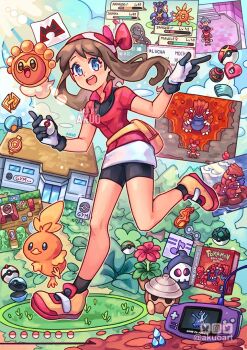 1boy 1girl :d akuo armaldo artist_name badge badge_(pokemon) balance_badge bandana bike_shorts black_gloves black_shorts black_socks blue_eyes box_art brown_hair castform castform_(sunny) commentary dive_ball duskull dynamo_badge english_commentary fanny_pack feather_badge forest full_body game_boy_advance game_boy_advance_(original) game_link_cable gen_3_pokemon gloves groudon handheld_game_console heat_badge knuckle_badge latios legendary_pokemon looking_at_viewer luxury_ball mawile may_(pokemon) mind_badge nature nest_ball net_ball nintendo open_mouth plant poke_ball pokemon pokemon_(creature) pokemon_gym pokemon_rse potted_plant premier_ball rain_badge red_bandana red_shirt repeat_ball secret_base_(pokemon) seedot shirt short_hair short_sleeves shorts smile socks solrock standing standing_on_one_leg steven_stone stone_badge teeth tent timer_ball torchic two-tone_gloves upper_teeth_only white_gloves zangoose