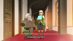 1boy 1girl animated anime_screenshot aqua_eyes arguing armor beard blonde_hair boots brown_footwear cape cayna covering_own_ears door doorway explosion facial_hair feather_hair_ornament gloves grey_hair hair_ornament hairband hands_on_own_head indoors kartatz leadale_no_daichi_nite mustache pointy_ears potion sound subtitled sweatdrop video yellow_cape