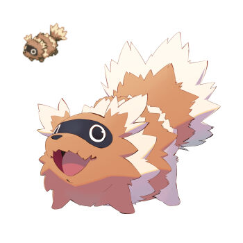 2024_pokemon_teraleak brown_fur fluffy full_body gen_3_pokemon highres nintendo no_humans o_o open_mouth pokemon pokemon_(creature) pokemon_focus pokemon_rse pokemon_rse_(prototype) reference_inset simple_background solo striped_fur tail vincenzonova white_background white_fur zigzagoon zigzagoon_(prototype)
