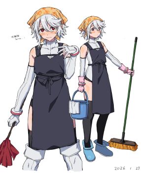 Rule 34 | 1girl, apron, black apron, black thighhighs, blush, broom, bucket, cleaning, dated, grey hair, highres, holding, holding broom, holding bucket, leotard, looking at viewer, multiple views, red eyes, shoes, short hair, shy (character), shy (series), simple background, standing, takatisakana, thighhighs, translation request, white background, white leotard