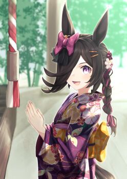 1girl :d absurdres alternate_costume alternate_hairstyle animal_ears asymmetrical_bangs back_bow bow box braid braided_ponytail brown_hair commentary_request cowboy_shot donation_box ear_bow floral_print floral_print_kimono flower from_side furisode hair_bow hair_flower hair_ornament hair_over_one_eye hair_ribbon hairclip hatsumoude highres horse_ears horse_girl horse_tail japanese_clothes kimono kouhaku_nawa long_bangs long_hair long_sidelocks looking_at_viewer new_year obi open_mouth outdoors own_hands_clasped own_hands_together print_kimono ribbon_braid rice_shower_(umamusume) rope sash shimenawa shrine sidelocks smile solo tail uji_(966qrr) umamusume yellow_sash