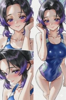 1girl ai-chan_(animelovely930) black_hair blush breasts butterfly_hair_ornament grey_one-piece_swimsuit groin hair_ornament hand_up highres kimetsu_no_yaiba kochou_shinobu large_breasts looking_at_viewer multiple_views one-piece_swimsuit purple_hair purple_one-piece_swimsuit sandals simple_background smile standing swimsuit white_background