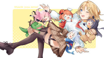 5girls :d :o ;d alligator beret black_dress black_footwear black_hair black_thighhighs black_tiara blonde_hair blue_dress blue_hair brown_hat brown_skirt bubba_(watson_amelia) chef_hat closed_eyes collared_shirt commentary crocodilian crying deerstalker detached_sleeves dog dress eyewear_on_head fang fins fish_tail gawr_gura gawr_gura_(1st_costume) gradient_hair grey_hair hat high-waist_skirt highres hito_(maruhito) hololive hololive_english holomyth hug investigator_(watson_amelia) light_blue_hair loafers mini_chef_hat miniskirt monocle mori_calliope mori_calliope_(1st_costume) multicolored_hair multiple_girls multiple_hats necktie ninomae_ina&#039;nis ninomae_ina&#039;nis_(1st_costume) one_eye_closed open_mouth orange_hair orange_hat orange_shirt orange_vest pink_hair plaid_clothes plaid_skirt pleated_skirt red_necktie see-through_clothes see-through_sleeves shark_girl shark_tail shirt shoes short_necktie single_detached_sleeve single_hair_intake skirt sleeveless sleeveless_dress sleeveless_shirt smile solid_oval_eyes streaked_hair streaming_tears symbol-only_commentary syringe_holster tail takanashi_kiara takanashi_kiara_(1st_costume) tears teeth tentacle_hair thank_you thigh_strap thighhighs tiara v-shaped_eyes veil vest virtual_youtuber watson_amelia watson_amelia_(1st_costume) white_shirt