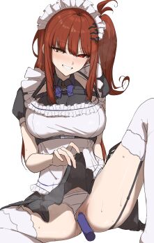 1girl absurdres alternate_costume apron black_dress blue_bow blue_bowtie bow bowtie breasts censored clothes_lift clothing_aside commentary_request commission daiya_fortuna dildo dress dress_lift enmaided frilled_apron frills garter_straps grey_eyes grin hair_ornament heterochromia highres kaekae_kaeru large_breasts lifting_own_clothes long_hair looking_at_viewer maid maid_apron maid_headdress mosaic_censoring number_hair_ornament object_insertion panties panties_aside pixellink puffy_short_sleeves puffy_sleeves pussy pussy_juice red_eyes red_hair sex_toy short_sleeves side_ponytail simple_background sitting skeb_commission smile solo spread_legs thighhighs underwear vaginal vaginal_object_insertion virtual_youtuber white_apron white_background white_panties white_thighhighs