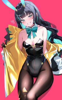 1girl absurdres animal_ears bare_shoulders belt black_gloves black_hair black_leotard blue_hair blush bow bowtie breasts brown_pantyhose cleavage colored_inner_hair detached_collar eyeliner fake_animal_ears fate/grand_order fate_(series) felnemo gloves grey_eyes grin highleg highleg_leotard highres jacket leotard long_hair long_sleeves looking_at_viewer makeup medium_breasts multicolored_hair multicolored_jacket off_shoulder pantyhose playboy_bunny rabbit_ears red_gloves sidelocks smile solo tenochtitlan_(fate) tenochtitlan_(swimsuit_mooncancer)_(fate) tenochtitlan_(swimsuit_mooncancer)_(third_ascension)_(fate) thighs two-tone_jacket white_jacket yellow_jacket