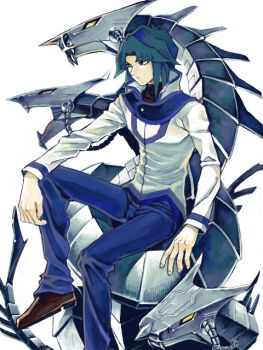 1boy black_shirt blue_eyes blue_hair blue_pants closed_mouth commentary_request cyber_dragon duel_academy_uniform_(yu-gi-oh!_gx) duel_monster expressionless jacket machine male_focus marufuji_ryo moiko non-humanoid_robot pants robot_dragon shirt shoes simple_background sitting white_background white_jacket yu-gi-oh! yu-gi-oh!_gx