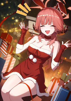 1girl :d ^_^ absurdres animal_ears aru_(blue_archive) bare_shoulders blue_archive box breasts candy candy_cane choker christmas christmas_stocking christmas_tree closed_eyes dress food gift gift_box halo hands_up highres horns large_breasts okkimon open_hands open_mouth pom_pom_(clothes) rabbit_ears red_choker santa_costume santa_dress smile solo