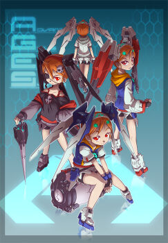 10s 4girls cannon eyepatch fingerless_gloves gloves gundam gundam_age gundam_age-2 gundam_age-2_darkhound gundam_age-2_double_bullet hair_ornament hairband hook lance mecha_musume multiple_girls multiple_persona orange_hair personification polearm red_eyes short_hair sitting skull_hair_ornament weapon winged_hairband yabe_makoto