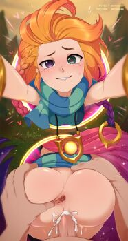 1boy 1girl anus armlet ass ass_grab breasts cum cum_in_pussy freckles hair_ornament hetero heterochromia highres jewelry league_of_legends long_hair merunyaa multicolored_hair necklace orange_hair penis portal_(object) sex small_breasts smile sparkle spread_anus spread_ass uncensored vaginal zoe_(league_of_legends)