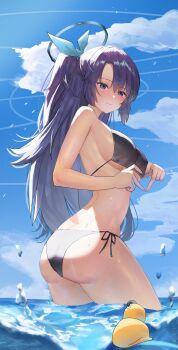 1girl absurdres ass back bikini black_bikini blue_archive blue_sky breasts commentary_request four-finger_heart_hands halo heart heart_hands highres korean_commentary large_breasts long_hair mechanical_halo ocean outdoors purple_eyes purple_hair rubber_duck sky solo swimsuit thighs very_long_hair water yoco0917 yuuka_(blue_archive)