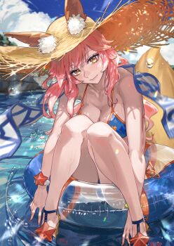1girl animal_ear_fluff animal_ears bare_shoulders bikini blue_bikini blush breasts cleavage fadingz fate/grand_order fate_(series) fox_ears fox_girl fox_tail hat innertube large_breasts long_hair looking_at_viewer pink_hair smile solo straw_hat swim_ring swimsuit tail tamamo_(fate) tamamo_no_mae_(fate) tamamo_no_mae_(swimsuit_lancer)_(fate) yellow_eyes