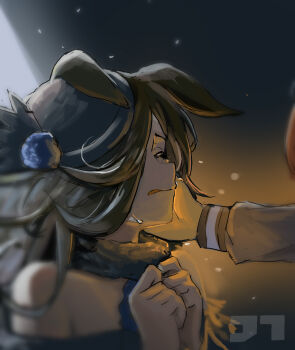 2girls absurdres animal_ears bare_shoulders black_hat blurry brown_hair closed_eyes commentary crying crying_with_eyes_open depth_of_field dress ears_down flipped_hair hair_over_one_eye hand_on_another's_cheek hand_on_another's_face hat highres horse_ears horse_girl jtleeklm multiple_girls nice_nature_(poinsettia_ribbon)_(umamusume) nice_nature_(umamusume) off-shoulder_dress off_shoulder rice_shower_(rosy_dreams)_(umamusume) rice_shower_(umamusume) solo_focus tearing_up tears umamusume