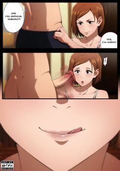 ! 1boy 1girl artist_logo artist_name ass brown_eyes close-up closed_mouth collarbone comic english_text erection femdom highres itadori_yuuji jujutsu_kaisen kugisaki_nobara large_penis licking_lips lips logo looking_at_penis male_underwear male_underwear_pull motion_blur motion_lines ohdax open_mouth paid_reward_available panels penis portrait pulling_another&#039;s_clothes shirt short_hair sleeveless sleeveless_shirt smile solo_focus speech_bubble tank_top tongue tongue_out uncensored underwear veins veiny_penis white_shirt