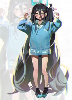 Rule 34 | 1girl, absurdly long hair, absurdres, alternate costume, aris (blue archive), black hair, black shoes, blue archive, blue halo, blue hoodie, collared shirt, commentary request, full body, green eyes, halo, heart, heart in eye, highres, hood, hoodie, long hair, long sleeves, looking at viewer, one side up, open mouth, shirt, shoes, simple background, solo, standing, symbol in eye, teeth, upper teeth only, very long hair, white background, white shirt, yongkak, zoom layer
