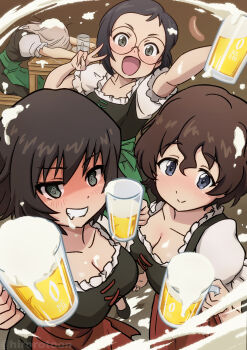 Rule 34 | 4girls, @ @, akaboshi koume, alcohol, apron, arm up, beer, beer mug, black dress, black eyes, black hair, blue eyes, brown hair, closed mouth, commentary, cup, dirndl, dress, drunk, ehirorotoon, german clothes, girls und panzer, green apron, grey hair, hida ema, highres, holding, holding cup, itsumi erika, katsuya megu, leaning forward, medium hair, mug, multiple girls, open mouth, puffy short sleeves, puffy sleeves, red apron, rimless eyewear, round eyewear, saliva, short hair, short sleeves, sitting, smile, table, twitter username, v, waist apron