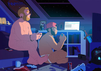 2boys abs backwards_hat bara baseball_cap beard blonde_hair bulge completely_nude computer controller couple dark-skinned_male dark_skin facial_hair fat fat_man from_side full_beard full_body giopota grin hairy hat highres huge_eyebrows jockstrap joystick laptop large_pectorals male_focus male_underwear mature_male messy_room multiple_boys muscular muscular_male navel navel_hair nipples nude original pectorals playing_games profile screen_light shoes short_hair sideburns sitting smile sneakers stomach thick_beard thick_eyebrows thick_thighs thighs topless_male underwear yaoi