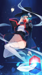 1girl bug crusaders_quest dated female_focus flower green_eyes green_hair hair_flower hair_ornament hat highres insect jacket jumping korin_(crusaders_quest) lantern looking_at_viewer matching_hair/eyes moth no_panties red_flower short_hair smelling smelling_flower solo spider_lily squidsmith thighhighs white_thighhighs wide_sleeves wind wind_lift