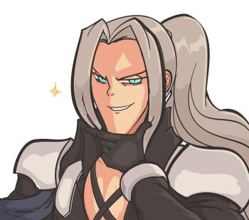 Rule 34 | 1boy, davewaterfalls, final fantasy, final fantasy vii, green eyes, grey hair, hand on own chin, looking at viewer, ponytail, sephiroth, simple background, solo