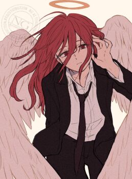 1boy angel angel_devil_(chainsaw_man) angel_wings black_necktie black_suit chainsaw_man closed_mouth collared_shirt commentary_request formal_clothes grey_background hair_between_eyes halo hand_up highres long_hair long_hair_between_eyes long_sleeves looking_at_viewer male_focus mtmgmaru necktie red_eyes red_hair shirt simple_background solo suit traditional_halo watermark white_shirt white_wings wings