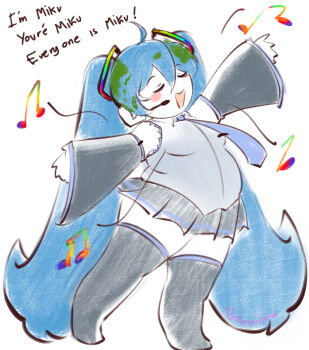 Rule 34 | 1girl, absurdres, breasts, earth (planet), english text, fat, fat woman, hatsune miku, highres, medium breasts, music, necktie, planet, planet hair, singing, skirt, solo, twintails, vocaloid, worldwide miku, xixiriima
