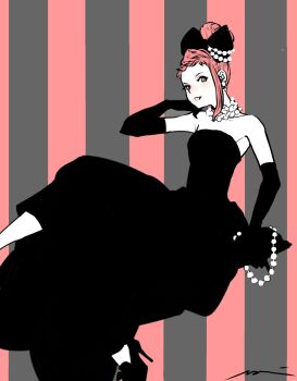 1girl bead_necklace beads black_dress brown_eyes dress elbow_gloves final_fantasy final_fantasy_xii foot_out_of_frame gloves high_heels jewelry looking_at_viewer mochi_(hanamaruudondesu) necklace open_mouth penelo smile solo