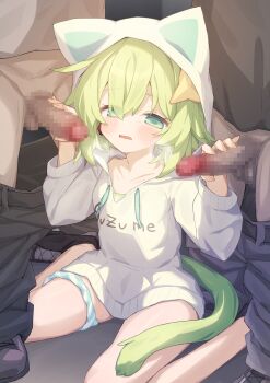 1girl 2boys absurdres animal_hood cat_tail censored commentary_request commission double_handjob green_eyes green_hair group_sex handjob hetero highres hood hoodie indie_virtual_youtuber mmf_threesome mosaic_censoring multiple_boys nasuuni panties panties_around_leg penis sitting skeb_commission suzumiya_suzume tail threesome underwear variant_set virtual_youtuber wariza