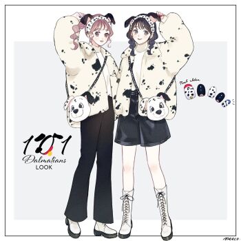 101_dalmatians 2girls animification bag brown_hair character_bag coat full_body genderswap handbag humanization meecosme multiple_girls open_mouth pants perdita_(disney) personification pongo_(disney) ponytail ribbon short_braid short_hair simple_background smile