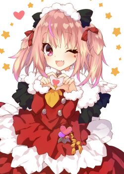 1girl ;d animal_ears bell blush commentary_request dress fang fur-trimmed_dress fur_trim hands_up heart heart_hands highres indie_virtual_youtuber jingle_bell looking_at_viewer neck_bell one_eye_closed open_mouth pink_hair purple_eyes red_dress saeki_touma simple_background smile solo star_(symbol) two_side_up virtual_youtuber white_background yumemi_tete