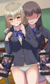 Rule 34 | 2girls, 2others, black jacket, blonde hair, blue bow, blue bowtie, bow, bowtie, brown hair, bullying, cellphone, collarbone, commentary request, crying, crying with eyes open, embarrassed, forced exposure, grey skirt, hand on another's shoulder, hand on own hip, highres, holding, holding phone, jacket, lakuha (dwtk2424), long hair, long sleeves, looking at viewer, medium hair, multiple girls, multiple others, no eyes, no pants, original, panties, pantyshot, parted lips, phone, pleated skirt, shirt, skirt, sweater vest, tears, underwear, vest, white panties, white shirt, yellow eyes, yellow vest