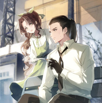 1boy 1girl aerith_gainsborough aged_down alternate_costume arms_behind_back belt bench bindi black_gloves black_hair black_pants brown_hair cigarette dress final_fantasy final_fantasy_vii final_fantasy_vii_remake flat_chest gloves green_dress green_eyes hair_pulled_back hair_ribbon holding holding_cigarette kieta neck_ribbon necktie open_clothes pants parted_bangs ponytail ribbon shirt sideburns sidelocks smoke smoking square_enix sweatdrop tseng turks_(ff7) upper_body wavy_hair white_shirt