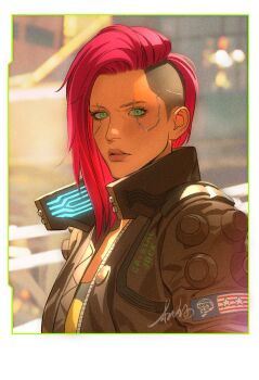 Rule 34 | 1girl, asymmetrical hair, brown jacket, cyberpunk, cyberpunk (series), cyberpunk 2077, green eyes, highres, jacket, jizai mono, looking at viewer, pink hair, sidecut, signature, solo, undercut, upper body, v (cyberpunk), valerie (cyberpunk)