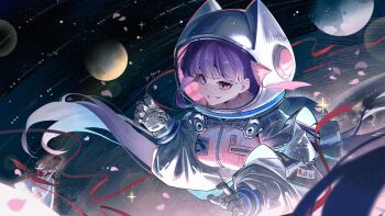 2girls bb_(fate) bb_cosmo_(fate) breasts brown_hair dress fate/grand_order fate_(series) giant giantess gloves grey_gloves grey_sleeves grin hair_ribbon helmet kishinami_hakuno_(female) large_breasts leotard long_hair long_sleeves multiple_girls pink_leotard pink_ribbon puffy_long_sleeves puffy_sleeves purple_eyes purple_hair red_ribbon ribbon shrug_(clothing) smile space_helmet spacesuit very_long_hair white_dress yado_sakura