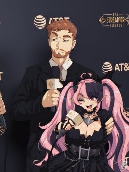 Rule 34 | 1boy, 1girl, absurdres, ahoge, at&amp;t, beard, belt, black eyeshadow, breasts, cdawgva, chain, cleavage, demon girl, demon horns, eyeshadow, facial hair, hair ornament, heart, heart ahoge, heart hair ornament, highres, horns, ironmouse, looking at viewer, makeup, microphone, multicolored hair, open mouth, pink hair, purple eyes, ryou sakai, streaked hair, trash taste, virtual youtuber