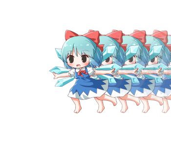 1girl afterimage arinu barefoot black_eyes blue_dress blue_hair bow bowtie cirno collared_shirt commentary_request detached_wings dress hair_bow highres ice ice_wings medium_hair open_mouth outstretched_arms pinafore_dress puffy_short_sleeves puffy_sleeves red_bow red_bowtie shirt short_sleeves simple_background sleeveless sleeveless_dress spread_arms toes touhou white_background white_shirt wings