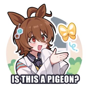 1girl agnes_tachyon_(tach-nology)_(umamusume) agnes_tachyon_(umamusume) ahoge animal_ears black_necktie blush brown_hair bug butterfly coat commentary earrings english_text eyemethyst hair_between_eyes horse_ears horse_girl insect is_this_a_pigeon_(meme) jewelry lab_coat long_sleeves meme necktie open_mouth red_eyes shirt short_necktie single_earring sleeves_past_fingers sleeves_past_wrists smile solo sweater sweater_vest umamusume untranslatable_commentary yellow_butterfly yellow_sweater yellow_sweater_vest