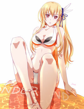 Rule 34 | 1girl, alisa reinford, artist name, bikini, blonde hair, breasts, cleavage, double-parted bangs, earrings, eiyuu densetsu, english text, feather hair ornament, feathers, hair between eyes, hair ornament, hajimari no kiseki, innertube, jewelry, knees, long hair, long sidelocks, looking at viewer, medium breasts, navel, red eyes, sen no kiseki, sen no kiseki (series), sen no kiseki iv, sidelocks, simple background, sitting, stomach, swim ring, swimsuit, two side up, white background, xiacheng tatsuya