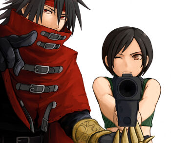 1boy 1girl aiming aiming_at_viewer bare_arms bare_shoulders belt black_belt black_gloves black_hair brown_eyes clawed_gauntlets cloak closed_mouth crop_top final_fantasy final_fantasy_vii frown gloves green_shirt gun hair_between_eyes handgun headband highres holding holding_gun holding_weapon long_hair midriff one_eye_closed pointing pointing_at_viewer red_cloak red_eyes red_headband s_m_man shirt short_hair sleeveless sleeveless_turtleneck turtleneck upper_body vincent_valentine weapon white_background yuffie_kisaragi