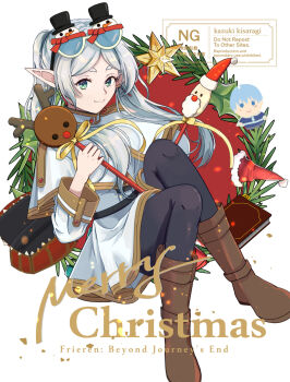 1girl aqua_eyes artist_name black_pantyhose book boots brown_boots capelet chibi chibi_inset christmas christmas_wreath closed_mouth commentary_request copyright_name crossed_legs earrings elf eyewear_on_head frieren full_body gold_trim grey_hair hair_over_shoulder hat highres jacket jewelry kizuka2020 long_hair looking_at_viewer merry_christmas pantyhose parted_bangs pointy_ears santa_hat skirt smile solo sousou_no_frieren thick_eyebrows twintails white_background white_capelet white_jacket white_skirt wreath