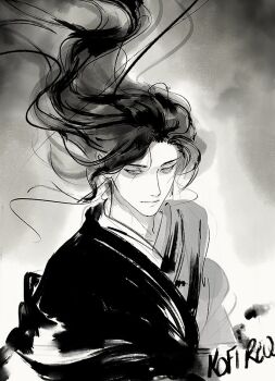 1boy abstract_background black_hair black_hanfu chinese_clothes closed_mouth commentary english_commentary floating_hair frown greyscale hanfu he_xuan kkcoocool layered_clothes long_hair long_sleeves looking_at_viewer looking_to_the_side male_focus monochrome painterly solo tianguan_cifu upper_body white_eyes wide_sleeves