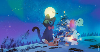 animal animal_focus black_cat bow bowtie cat christmas_tree commentary english_commentary fox full_moon ghost heterochromia highres moon night no_humans original outdoors rabbit red_bow red_bowtie reindeer reinforced scenery sky sleigh snow star_(sky) starry_sky tree white_rabbit_(animal)