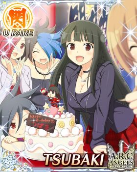 5girls :d black_hair black_jacket blue_hair border breasts brown_hair cake card_(medium) character_name chibi cleavage closed_mouth english_text food game_cg hair_over_one_eye happy_birthday hime_cut jacket karasu_(senran_kagura) large_breasts long_hair looking_at_viewer multicolored_hair multiple_girls neck official_alternate_costume official_art open_mouth red_eyes red_hair red_skirt sakyou_(senran_kagura) senran_kagura senran_kagura_new_wave short_hair skirt smile tachibana_(senran_kagura) tsubaki_(senran_kagura) ukyou_(senran_kagura)