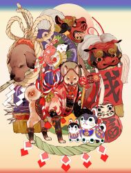 Rule 34 | ajirogasa, animal, animal focus, arm guards, arrow (projectile), bell, brown eyes, clothed animal, daruma doll, dog, gohei, hat, highres, inu-hariko, japanese clothes, jingle bell, kimono, looking at viewer, mask, mouth hold, multicolored background, no humans, original, red kimono, rope, shiba inu, shide, shimenawa, shin guards, tonbippo08, wand, yellow background