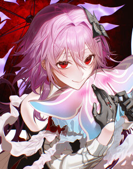 absurdres bare_shoulders black_flower black_gloves blush evernight_(honkai:_star_rail) evey_(honkai:_star_rail) flower gloves grey_nails hair_between_eyes hair_ornament hairclip highres holding holding_umbrella honkai:_star_rail honkai_(series) long_sleeves looking_at_viewer march_7th_(honkai:_star_rail) official_alternate_eye_color parallel_hairclips pink_hair red_eyes red_flower smile umbrella zuraa_(naunau_seijin)