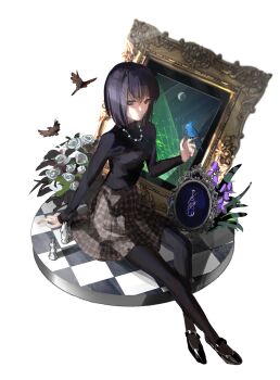 1girl bird black_eyes black_hair black_pantyhose board_game bob_cut chess chess_piece commission flower hand_up highres jewelry kuonji_alice mahou_tsukai_no_yoru necklace pantyhose picture_frame shoes skeb_commission skirt solo sweater turtleneck turtleneck_sweater ubwmitekure