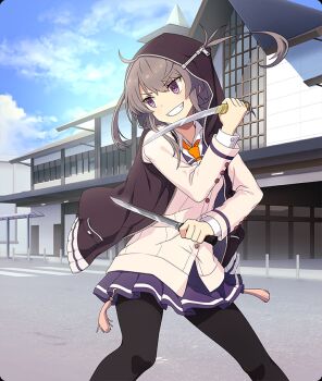 1girl black_jacket black_pantyhose blazer blue_skirt blue_sky brown_hair building cloud day dot_nose dual_wielding feet_out_of_frame fighting_stance game_cg grin holding holding_sword holding_weapon hood hooded_jacket jacket legs_apart long_sleeves medium_hair necktie official_art outdoors pantyhose purple_eyes renpu_girls_school_uniform school_uniform shichinosato_kofuki shirt short_sword sidelocks skirt sky smile solo sword third-party_source toji_no_miko toji_no_miko:_kizamishi_issen_no_tomoshibi twintails weapon white_jacket white_shirt yellow_necktie zipper